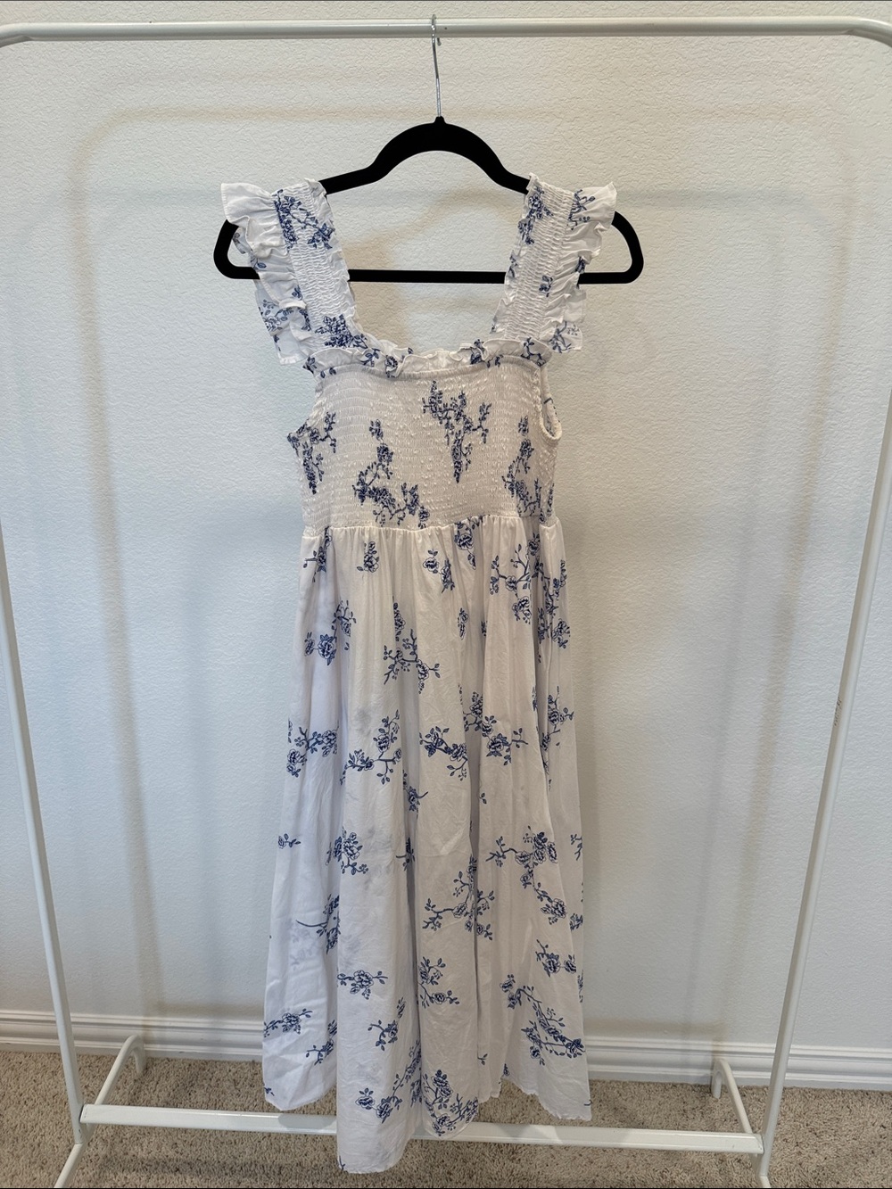 Smocked White Maxi Dress with Blue Floral Print